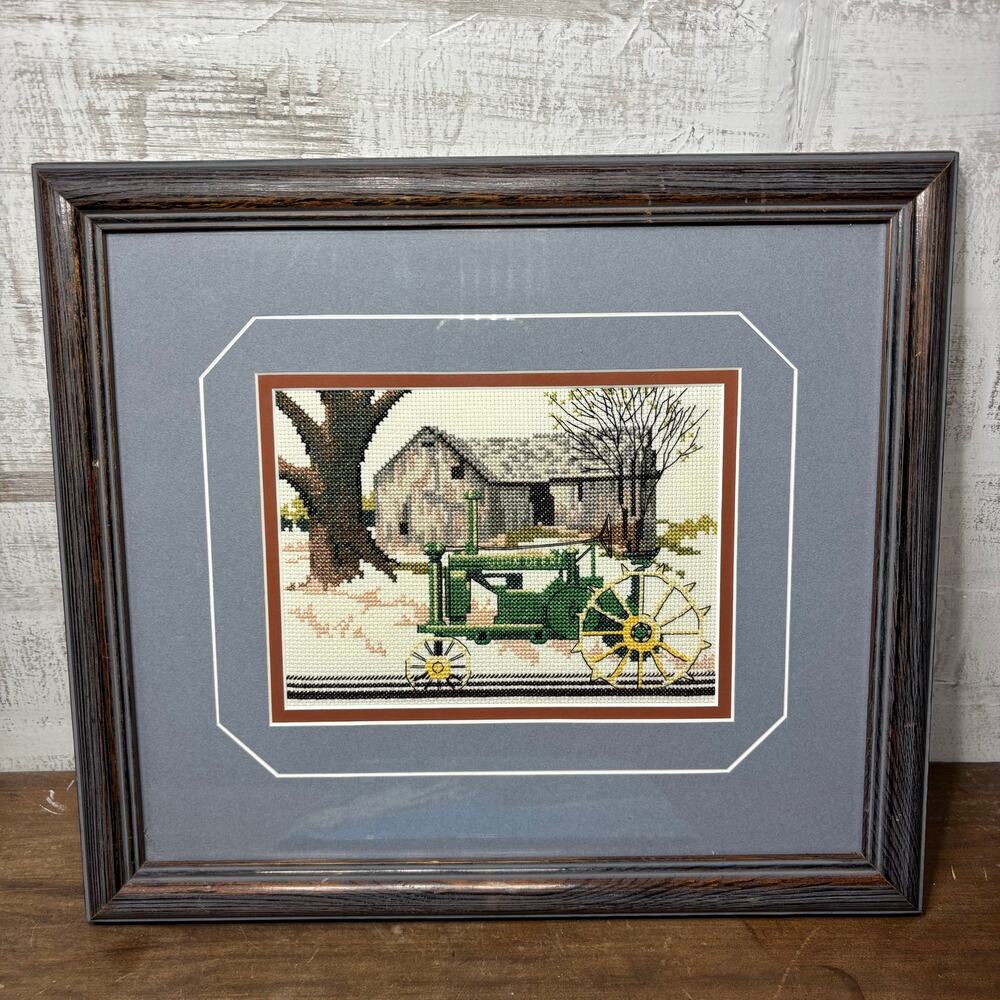 Vintage Framed Cross Stitch John Deere Tractor Art